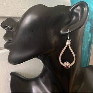 2/$29 Teardrop Hoop Earrings Leather Ceramic Red White Bead Tan HandCrafted